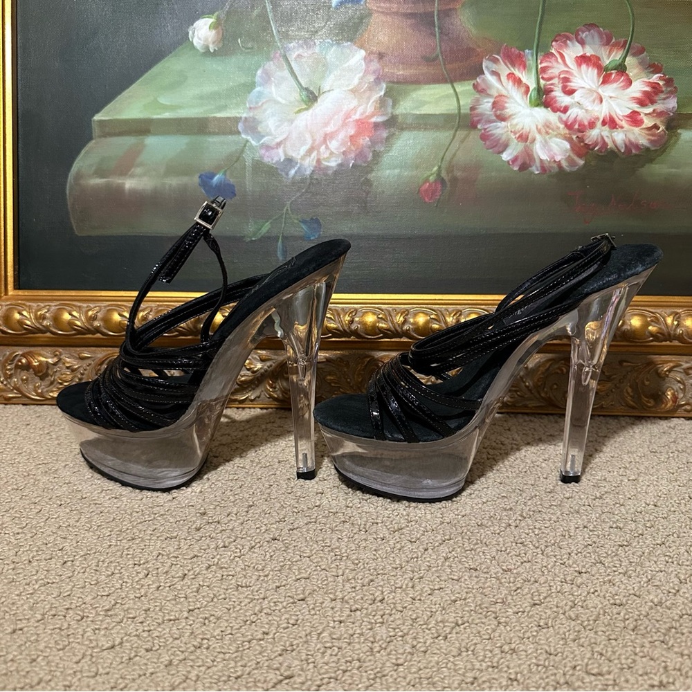 Pleaser 6” Black Clear Strappy Heels Size 7